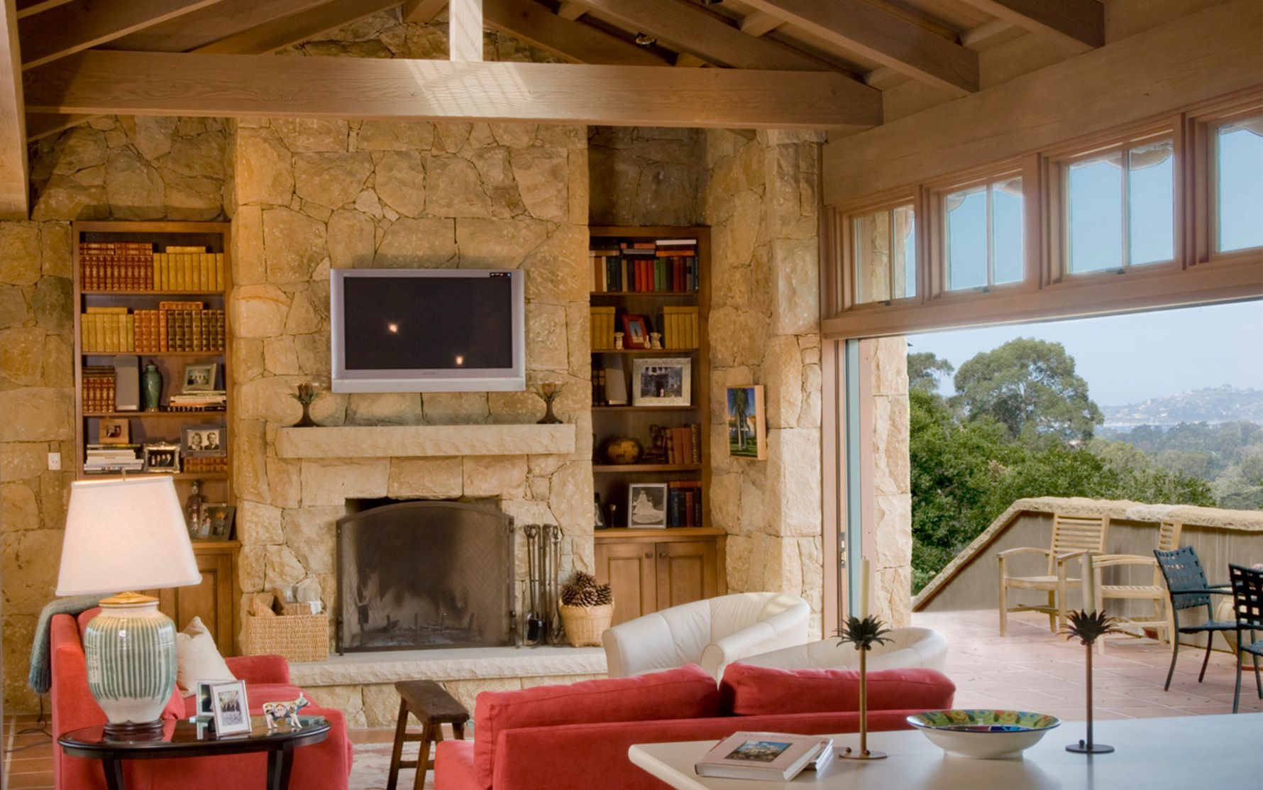 Hedrick-Residence-Stone-Fireplace-Sliding-Patio-Doors
